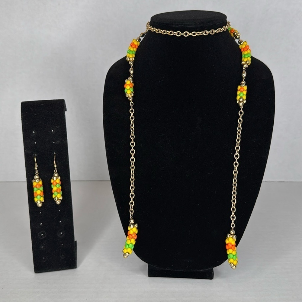 1960s Sarah Coventry Colorful Beaded Necklace and Earring Set Lot A24